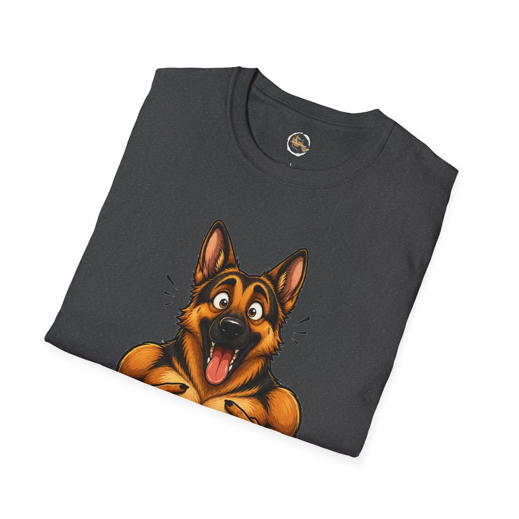Whos a Good Boy? Furry German Shepherd T-Shirt | Surprised Pointing Dog Design