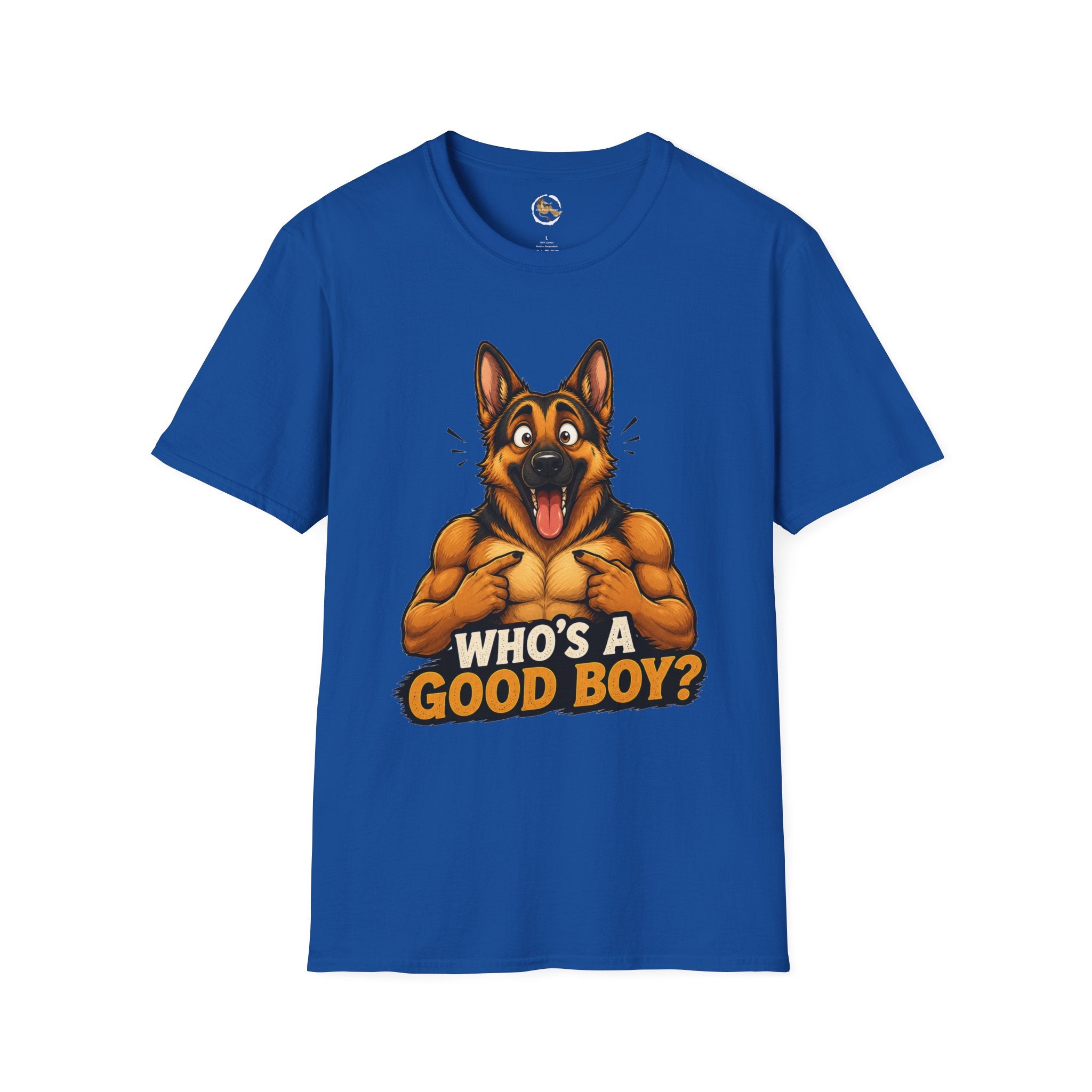 Whos a Good Boy? Furry German Shepherd T-Shirt | Surprised Pointing Dog Design