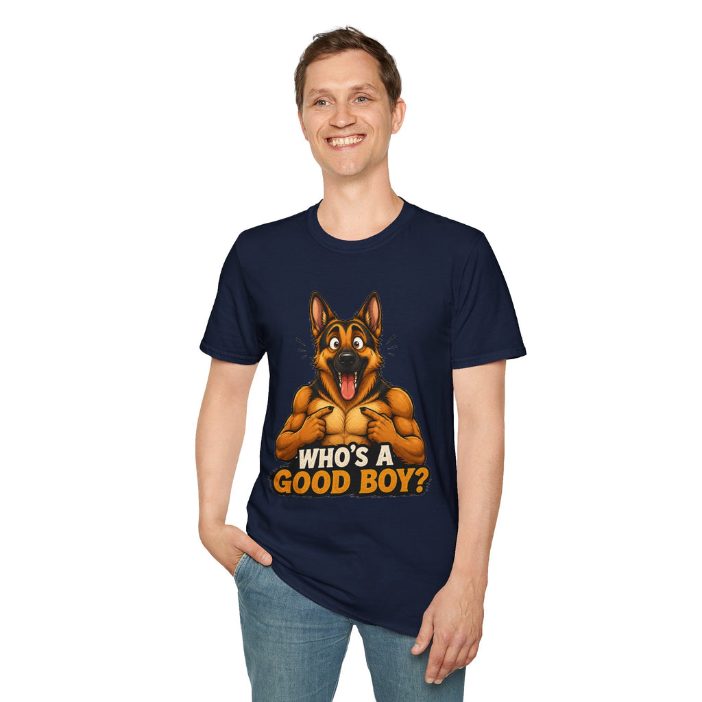 Whos a Good Boy? Furry German Shepherd T-Shirt | Surprised Pointing Dog Design