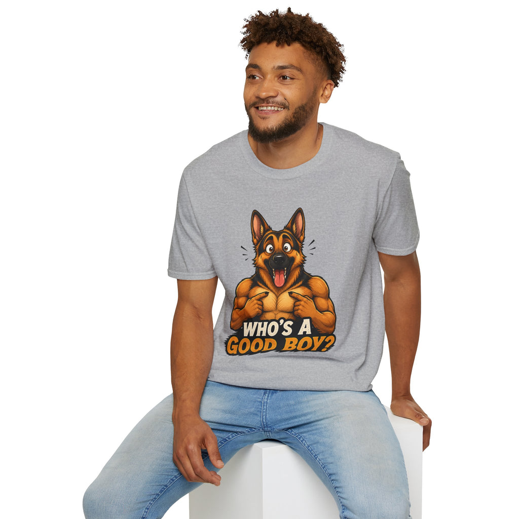 Whos a Good Boy? Furry German Shepherd T-Shirt | Surprised Pointing Dog Design