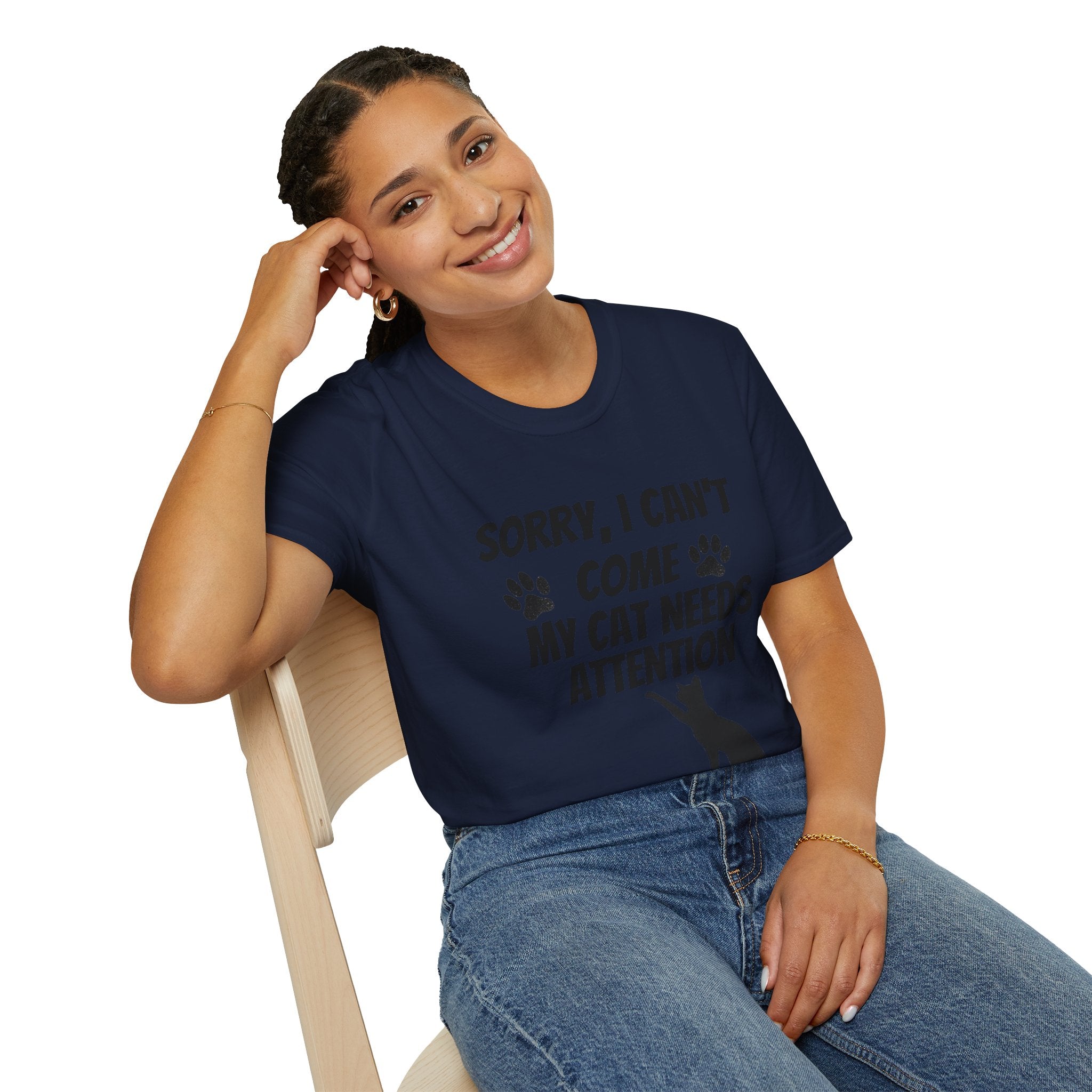 Cat T-Shirt — "Sorry, I Can't Come My Cat Needs Attention" Funny Pet Lover Tee