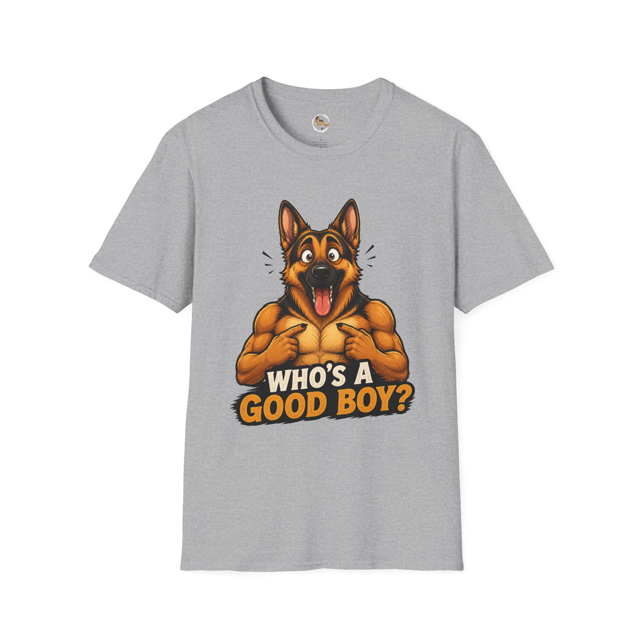 Whos a Good Boy? Furry German Shepherd T-Shirt | Surprised Pointing Dog Design