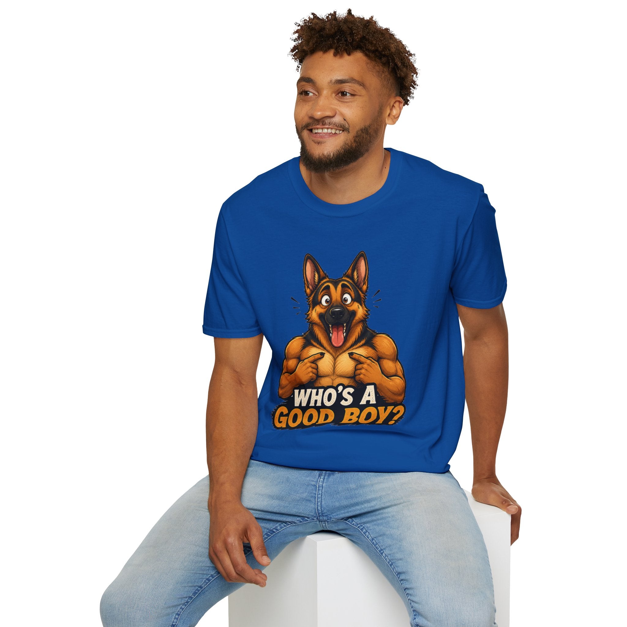 Whos a Good Boy? Furry German Shepherd T-Shirt | Surprised Pointing Dog Design