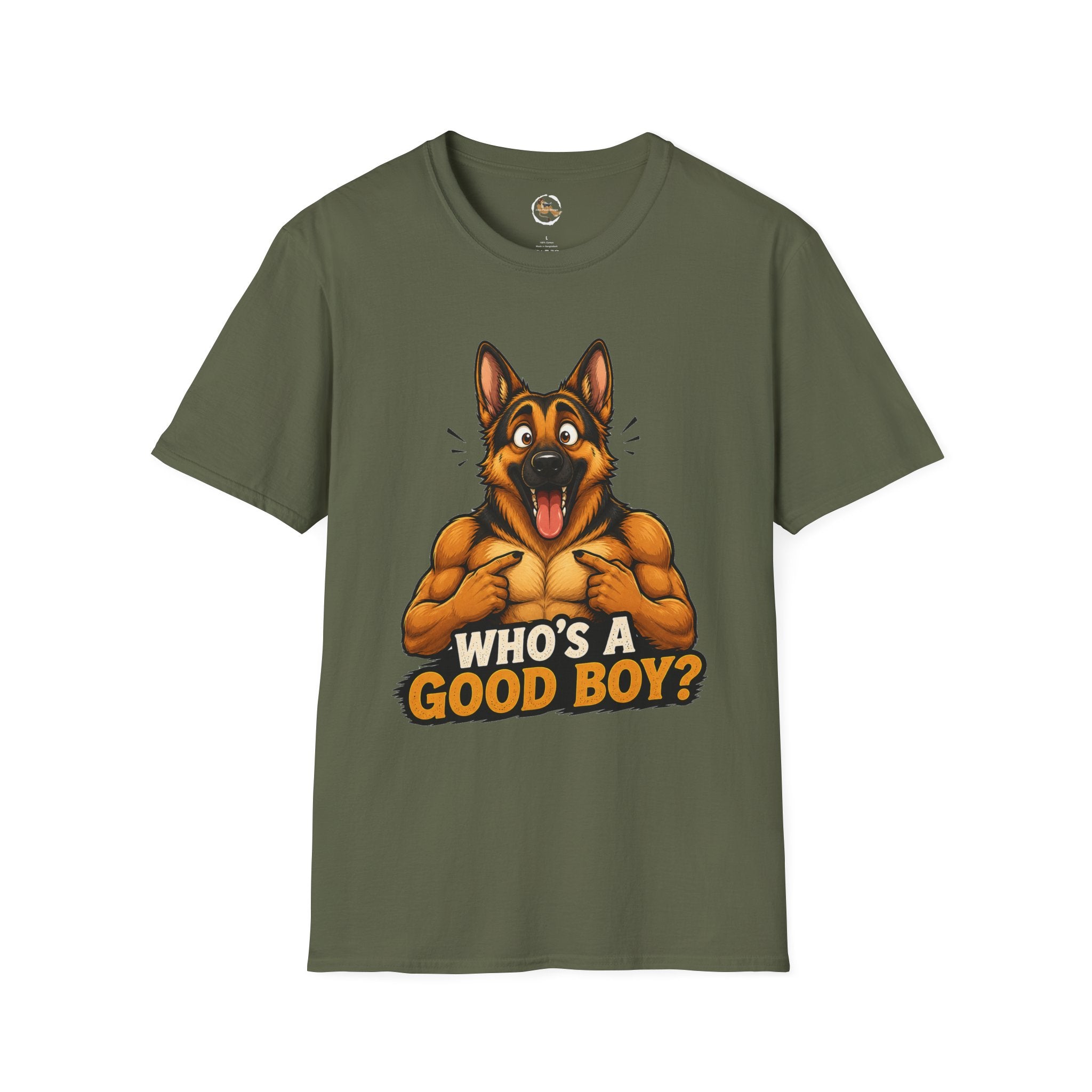 Whos a Good Boy? Furry German Shepherd T-Shirt | Surprised Pointing Dog Design