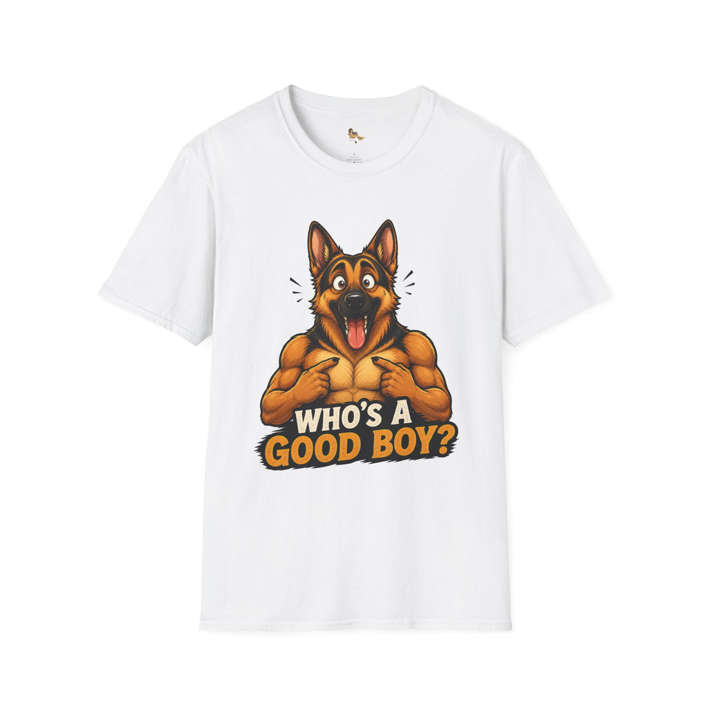 Whos a Good Boy? Furry German Shepherd T-Shirt | Surprised Pointing Dog Design