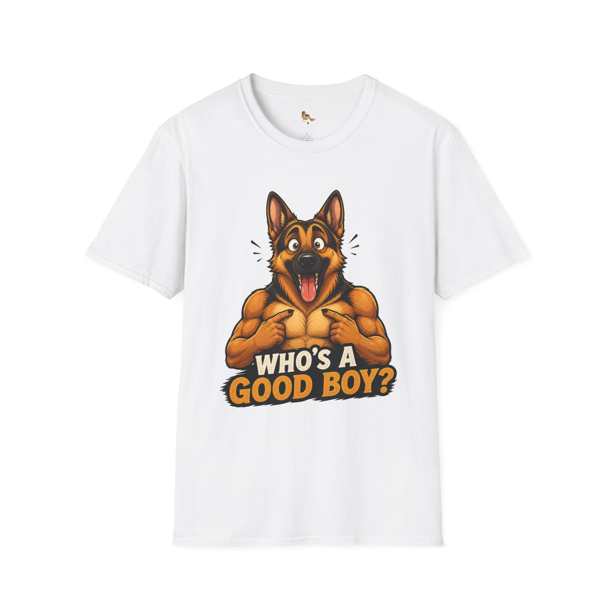Whos a Good Boy? Furry German Shepherd T-Shirt | Surprised Pointing Dog Design