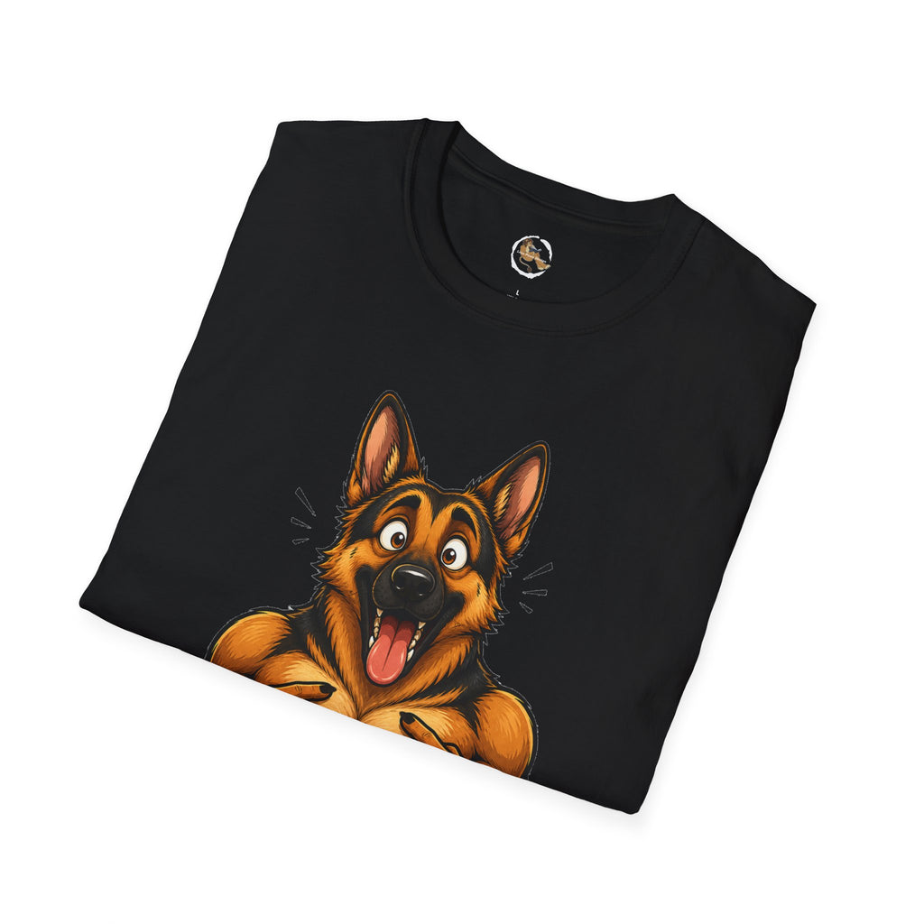 Whos a Good Boy? Furry German Shepherd T-Shirt | Surprised Pointing Dog Design