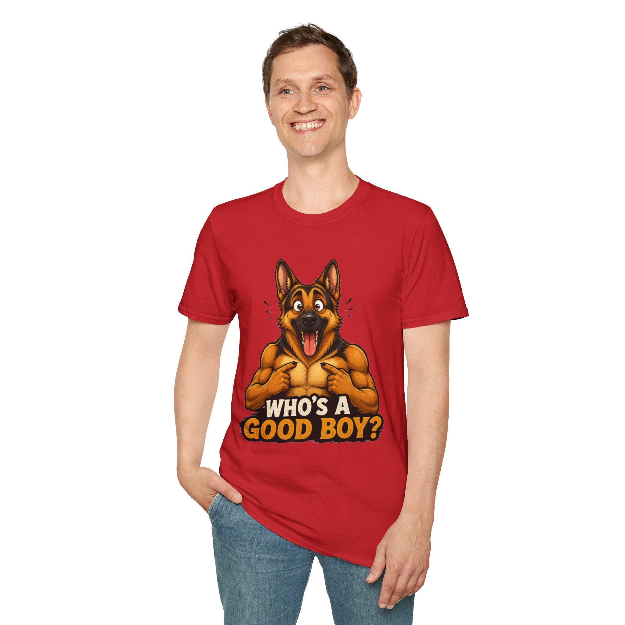 Whos a Good Boy? Furry German Shepherd T-Shirt | Surprised Pointing Dog Design