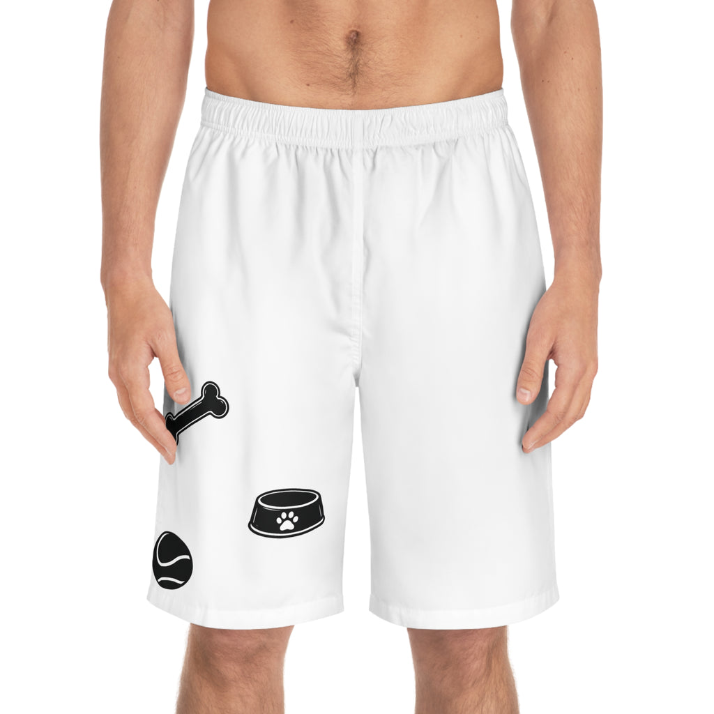 Dog Toy Pattern Mens Board Shorts | tennis ball bone food bowl