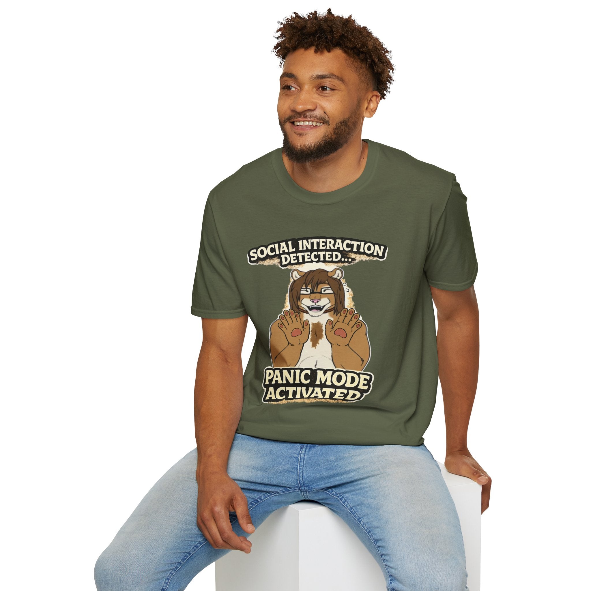 Panic Mode Activated T‑Shirt — "Social Interaction Detected" Funny Furry Graphic Tee