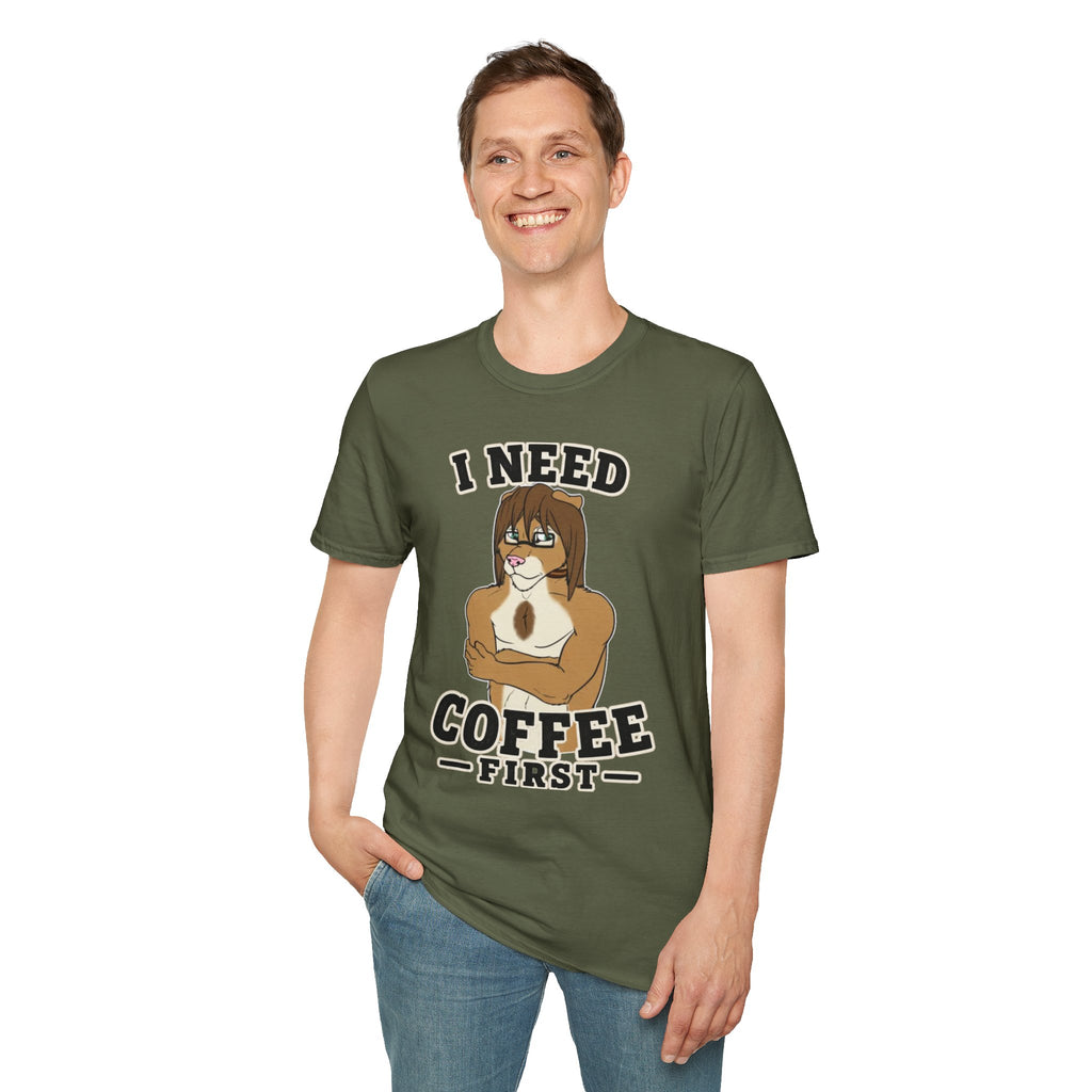 I Need Coffee First Lion Coffee Lover T-Shirt | Funny Furry Graphic