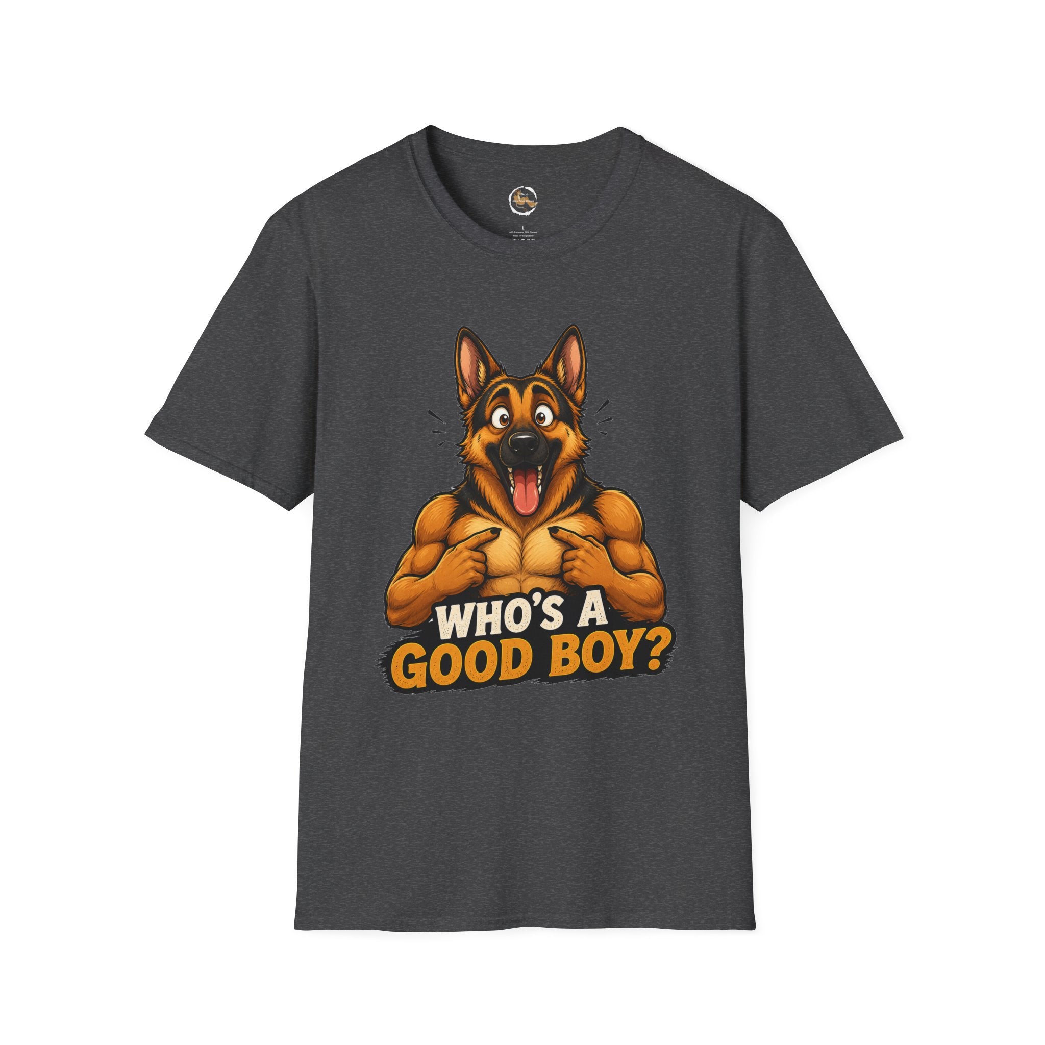 Whos a Good Boy? Furry German Shepherd T-Shirt | Surprised Pointing Dog Design