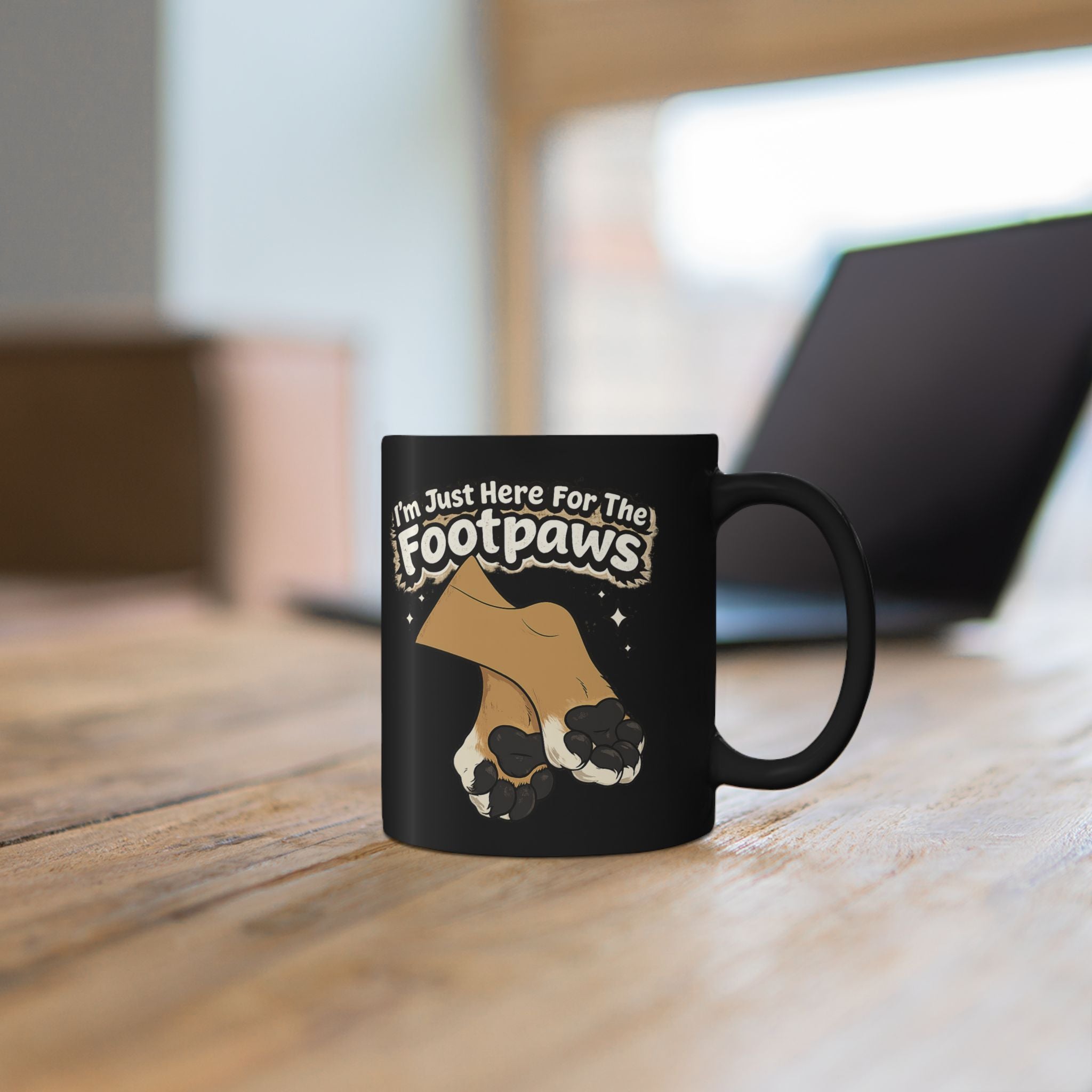 Im Just Here For The Footpaws Mug | Black Ceramic Paw Print Coffee Cup