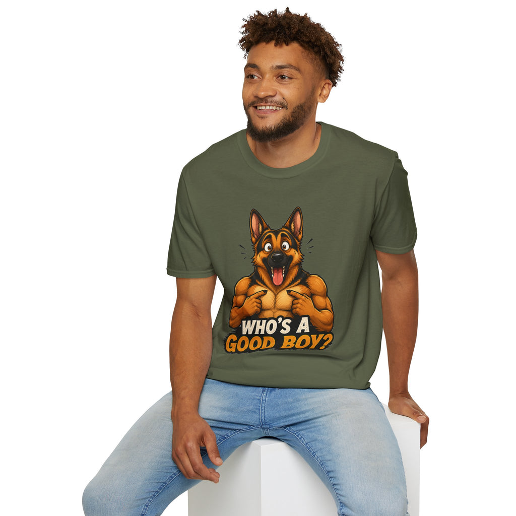 Whos a Good Boy? Furry German Shepherd T-Shirt | Surprised Pointing Dog Design