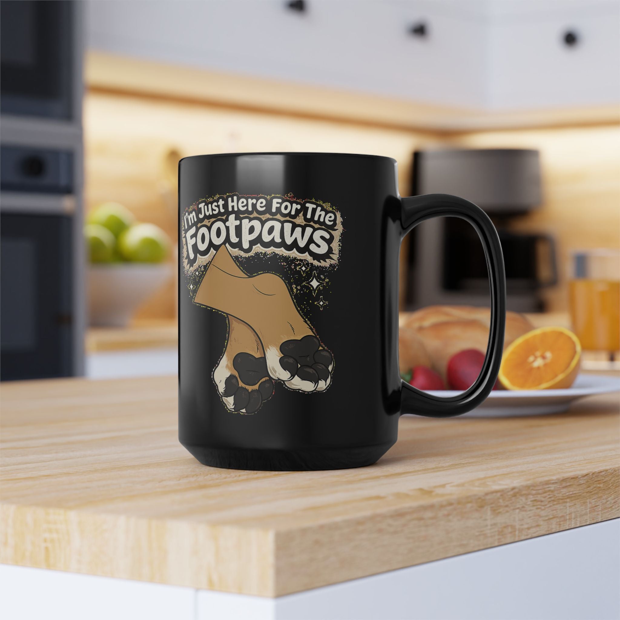 Im Just Here For The Footpaws Mug | Black Ceramic Paw Print Coffee Cup