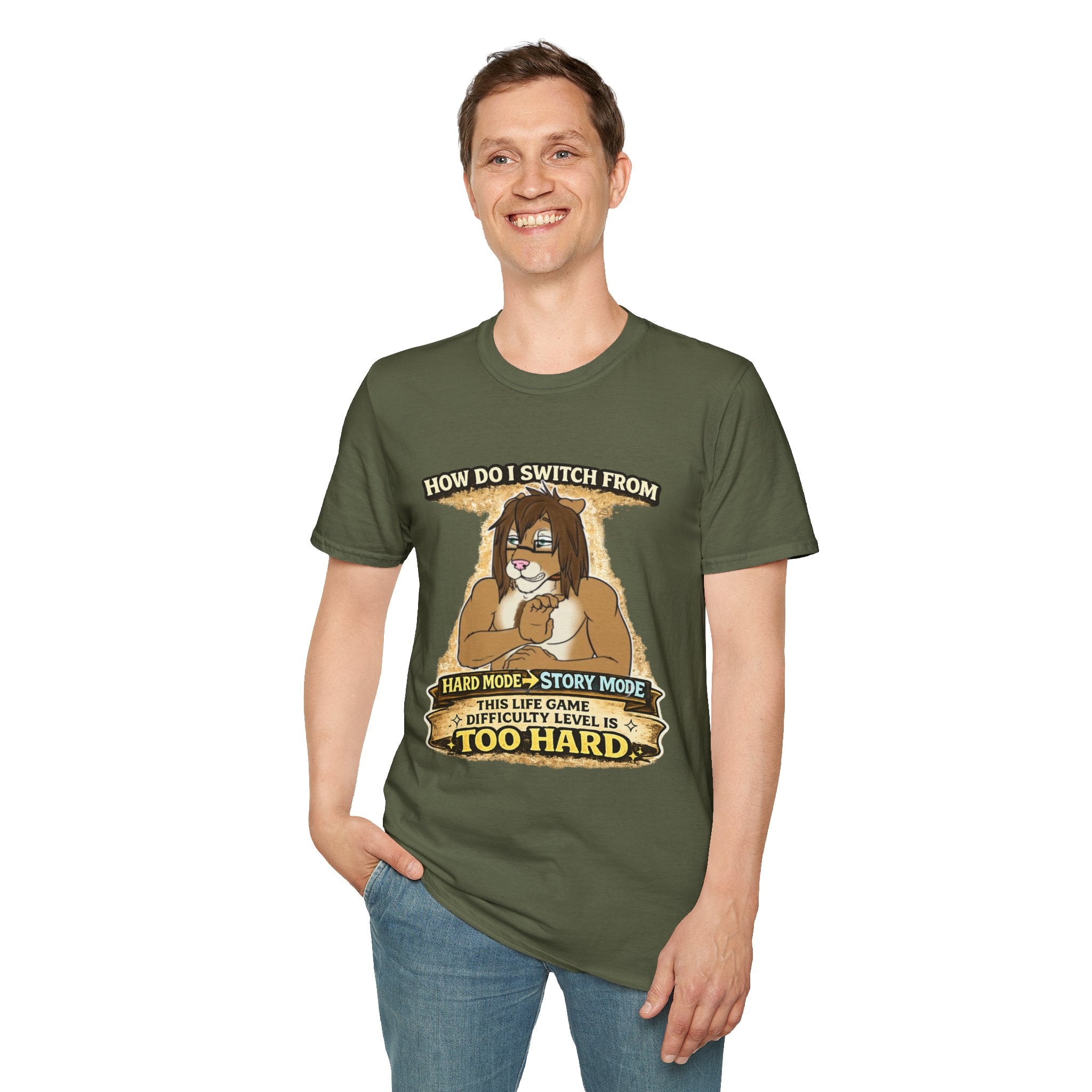 Gamer Lion T-Shirt — "How Do I Switch From Hard Mode" Funny Gaming Tee