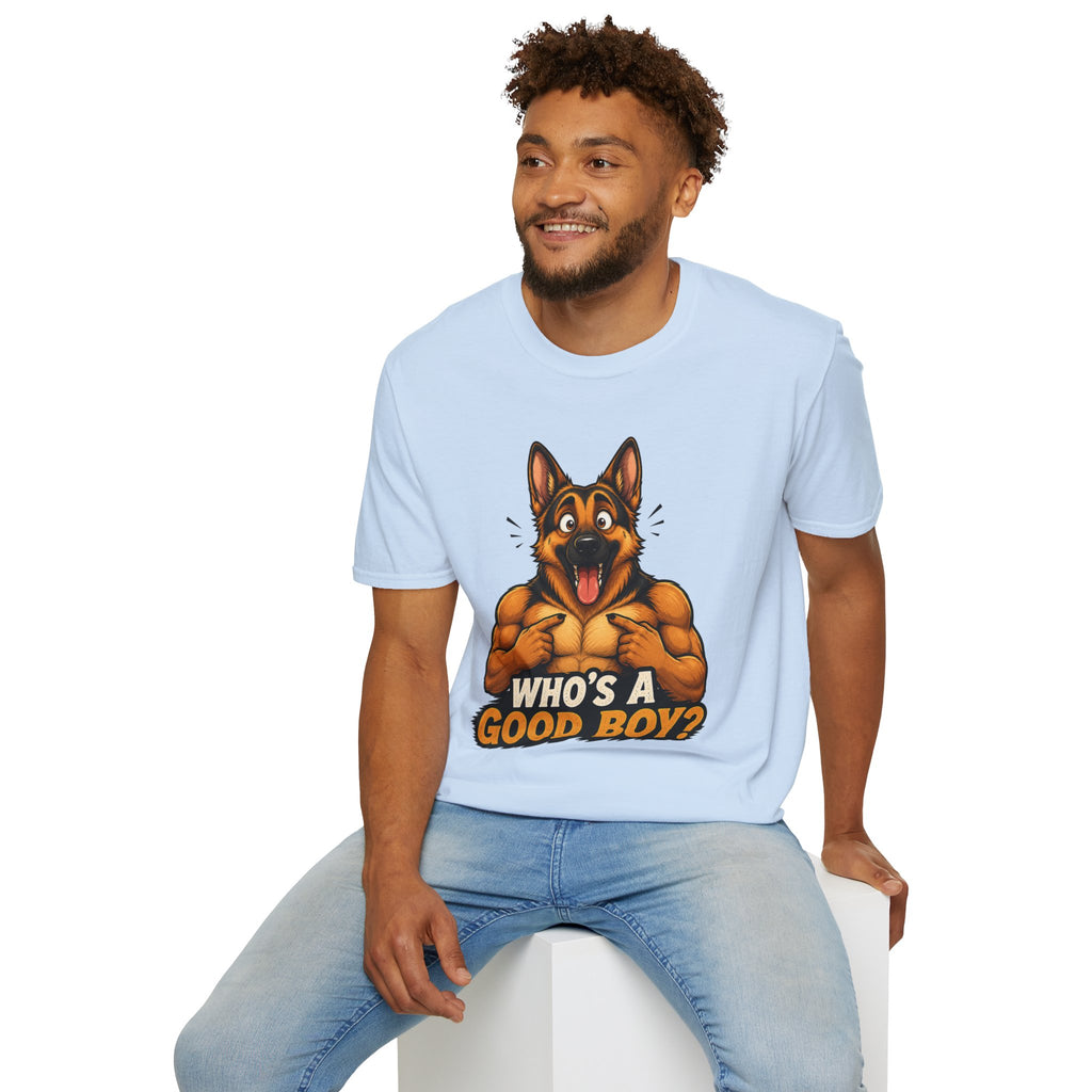 Whos a Good Boy? Furry German Shepherd T-Shirt | Surprised Pointing Dog Design
