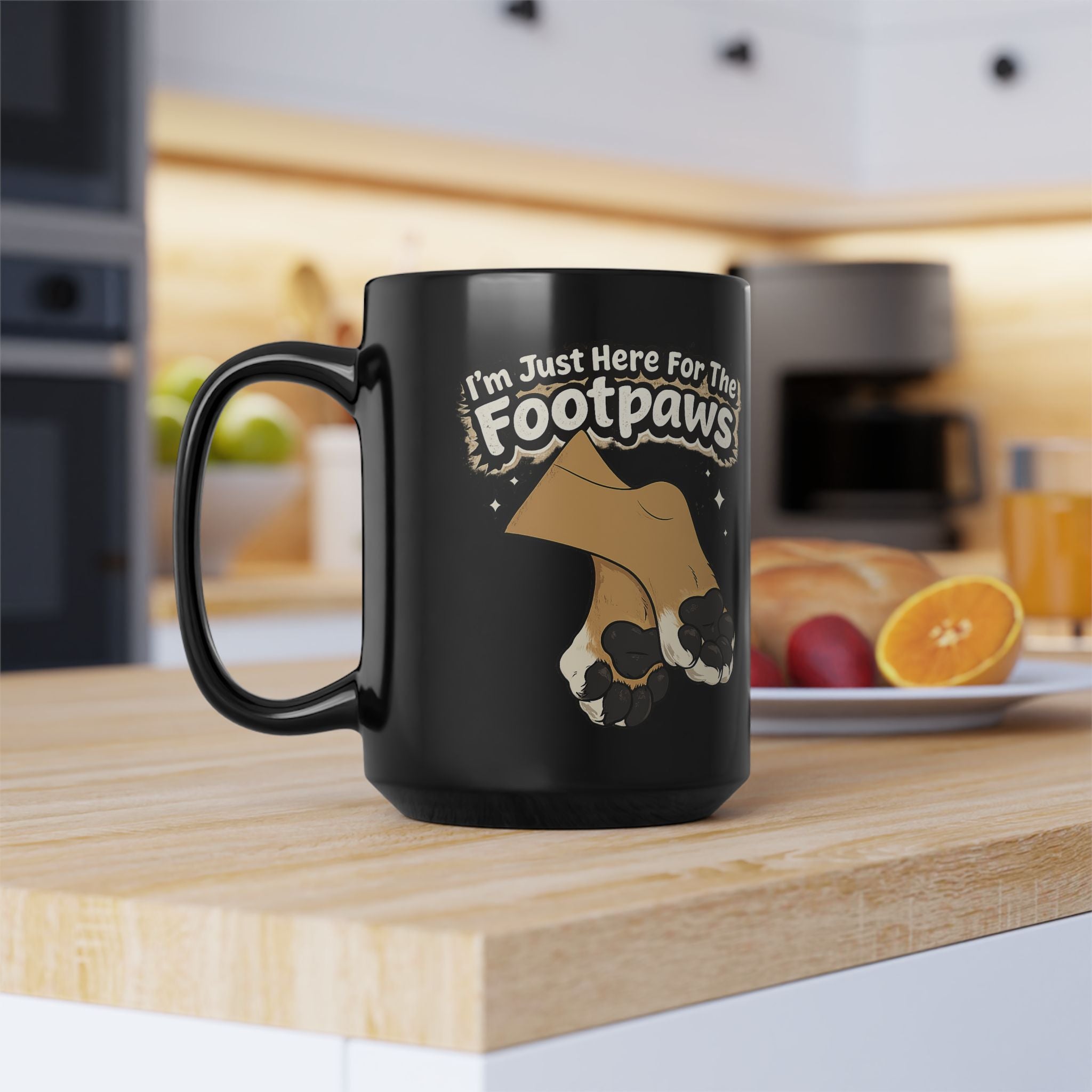 Im Just Here For The Footpaws Mug | Black Ceramic Paw Print Coffee Cup