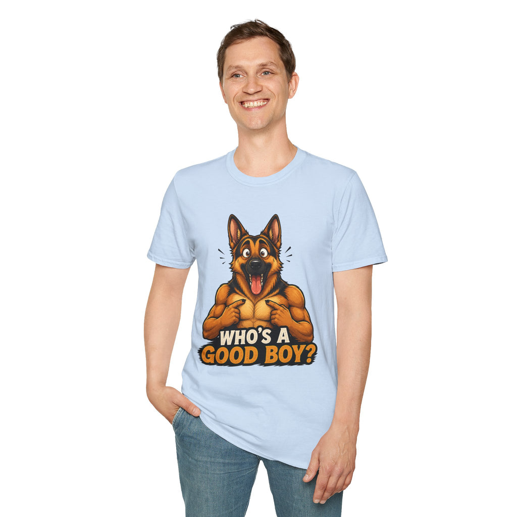 Whos a Good Boy? Furry German Shepherd T-Shirt | Surprised Pointing Dog Design