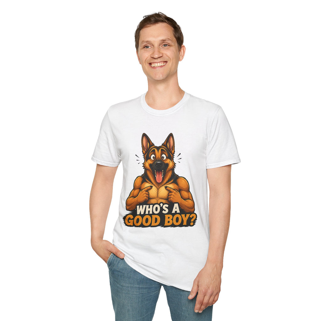 Whos a Good Boy? Furry German Shepherd T-Shirt | Surprised Pointing Dog Design
