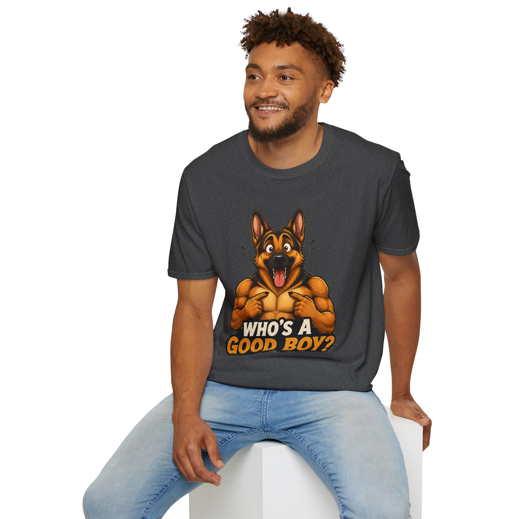 Whos a Good Boy? Furry German Shepherd T-Shirt | Surprised Pointing Dog Design