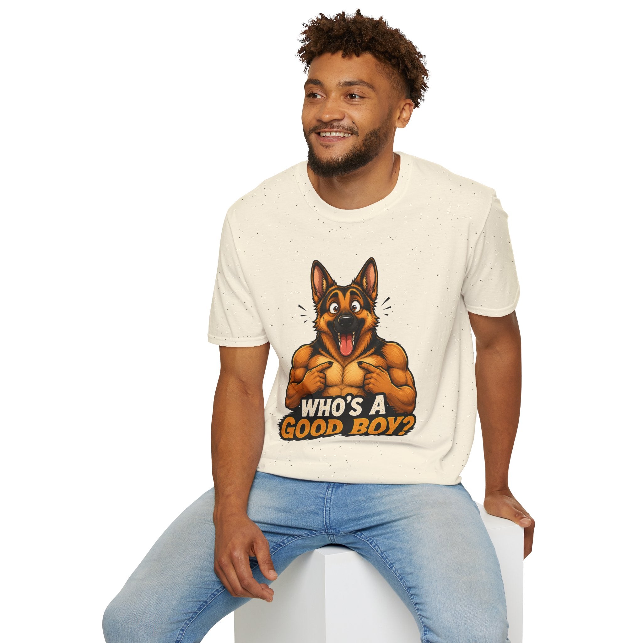 Whos a Good Boy? Furry German Shepherd T-Shirt | Surprised Pointing Dog Design