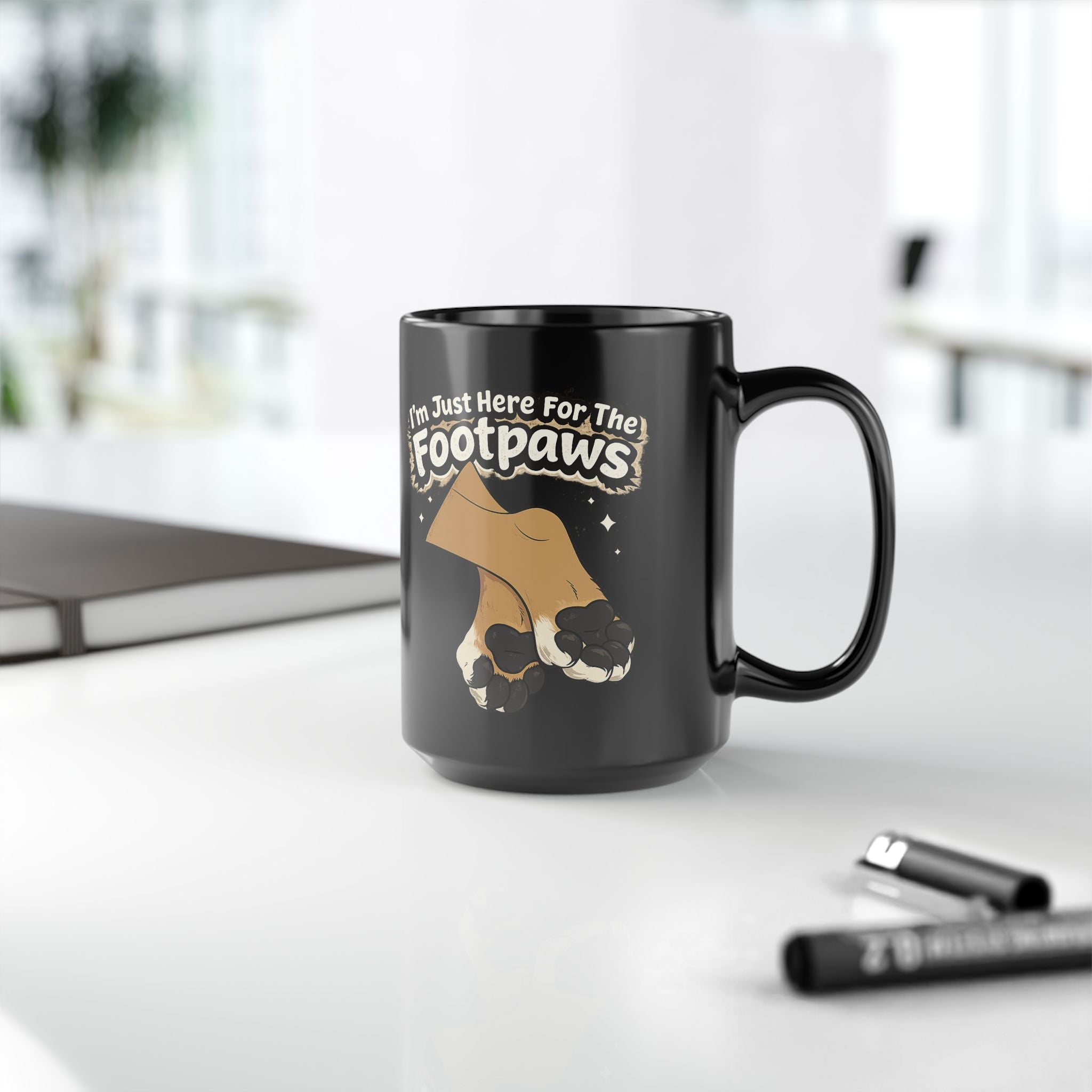 Im Just Here For The Footpaws Mug | Black Ceramic Paw Print Coffee Cup