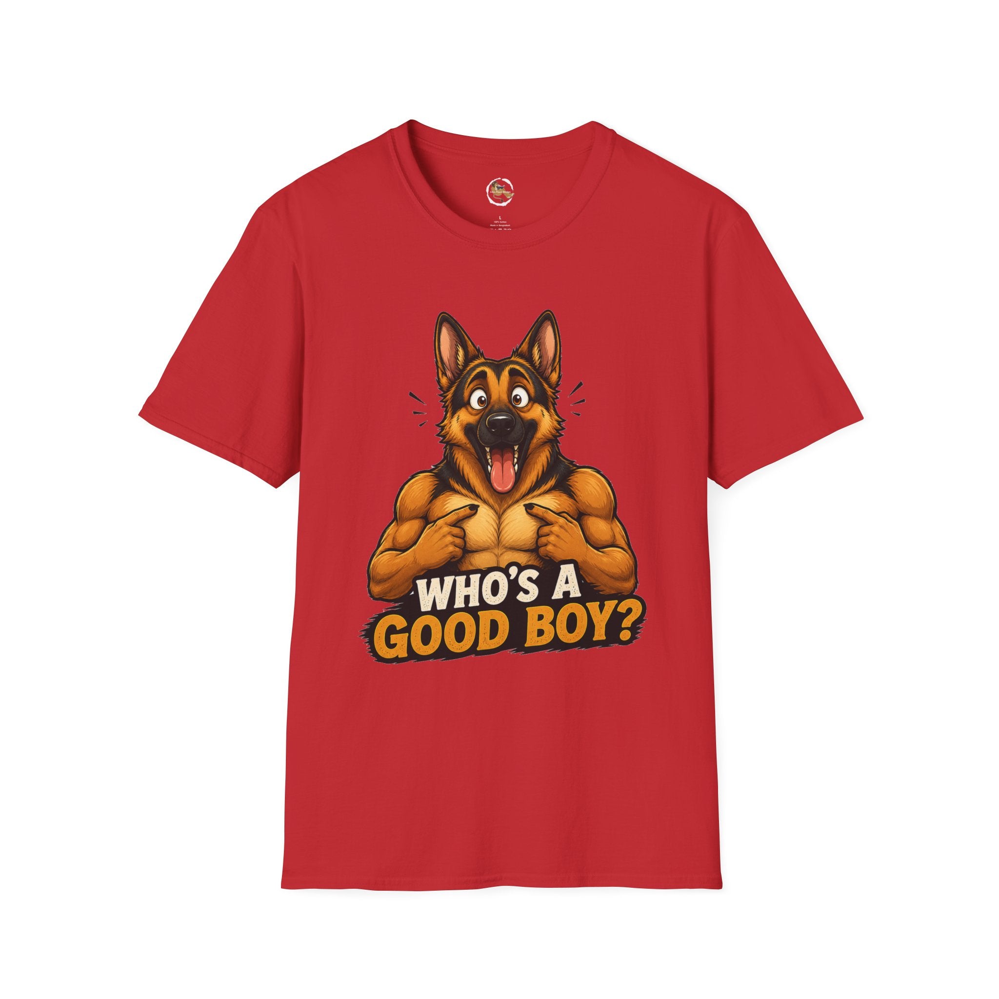 Whos a Good Boy? Furry German Shepherd T-Shirt | Surprised Pointing Dog Design