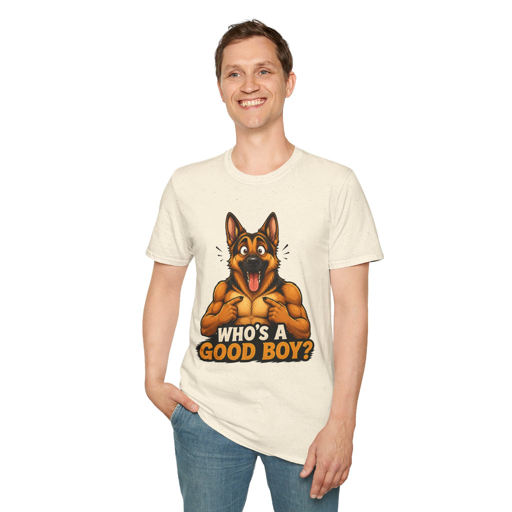Whos a Good Boy? Furry German Shepherd T-Shirt | Surprised Pointing Dog Design
