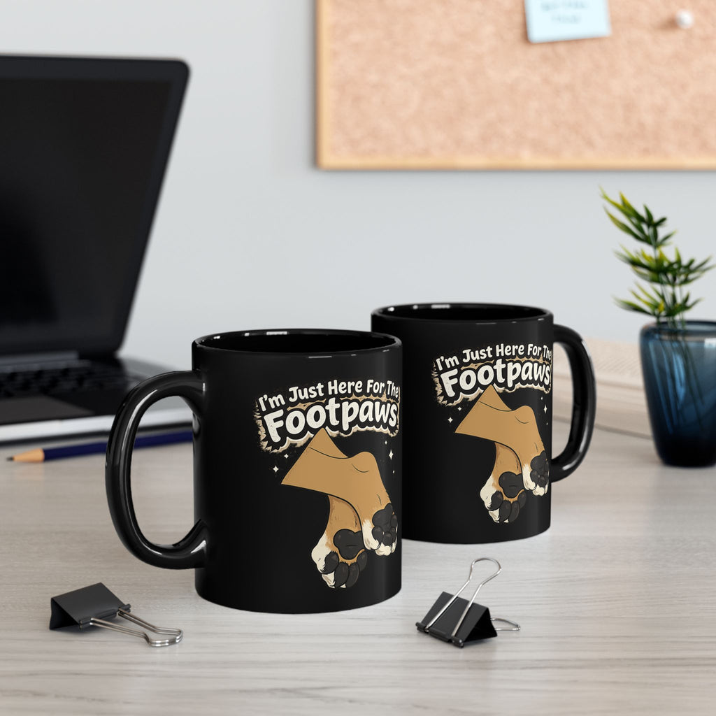 Im Just Here For The Footpaws Mug | Black Ceramic Paw Print Coffee Cup