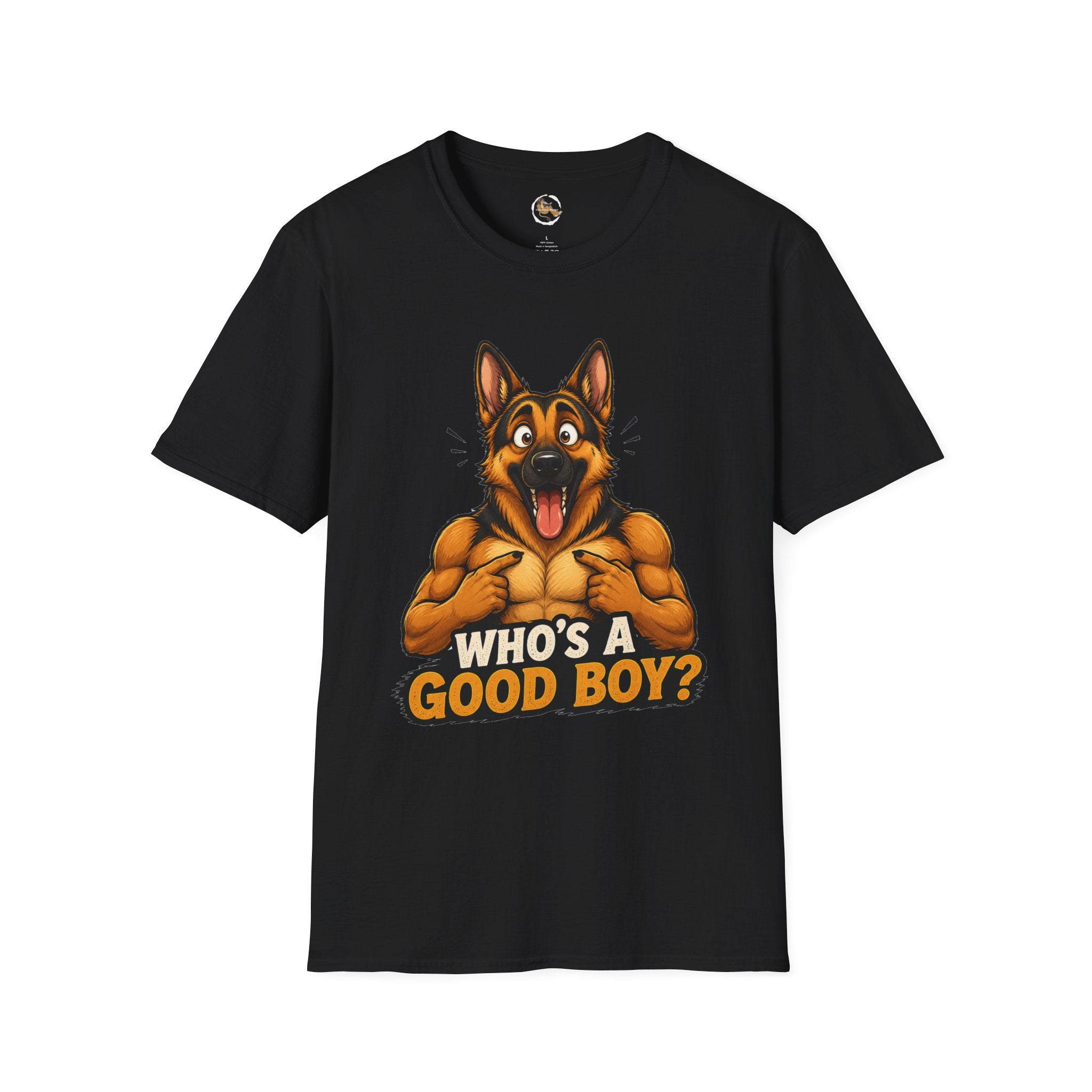 Whos a Good Boy? Furry German Shepherd T-Shirt | Surprised Pointing Dog Design