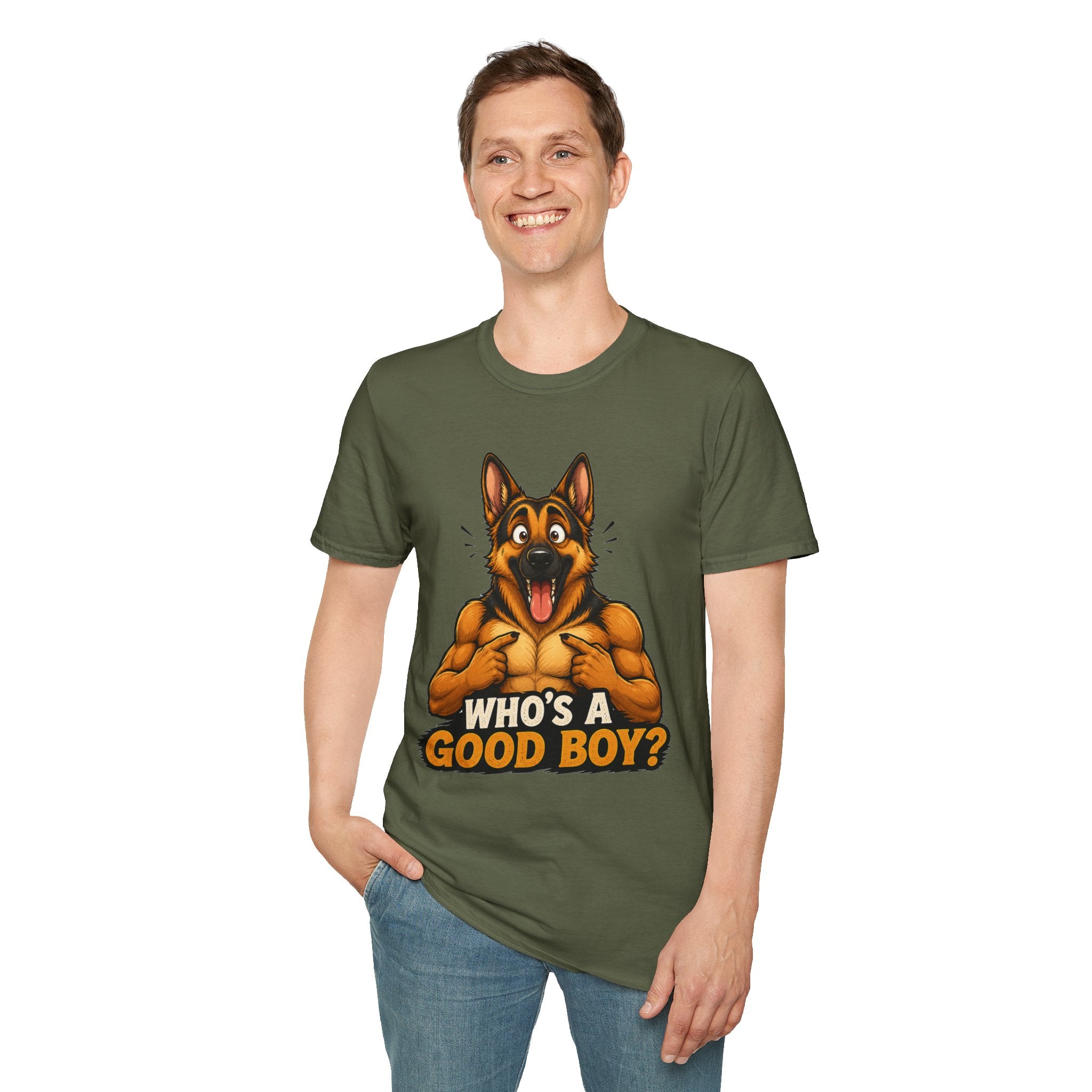 Whos a Good Boy? Furry German Shepherd T-Shirt | Surprised Pointing Dog Design