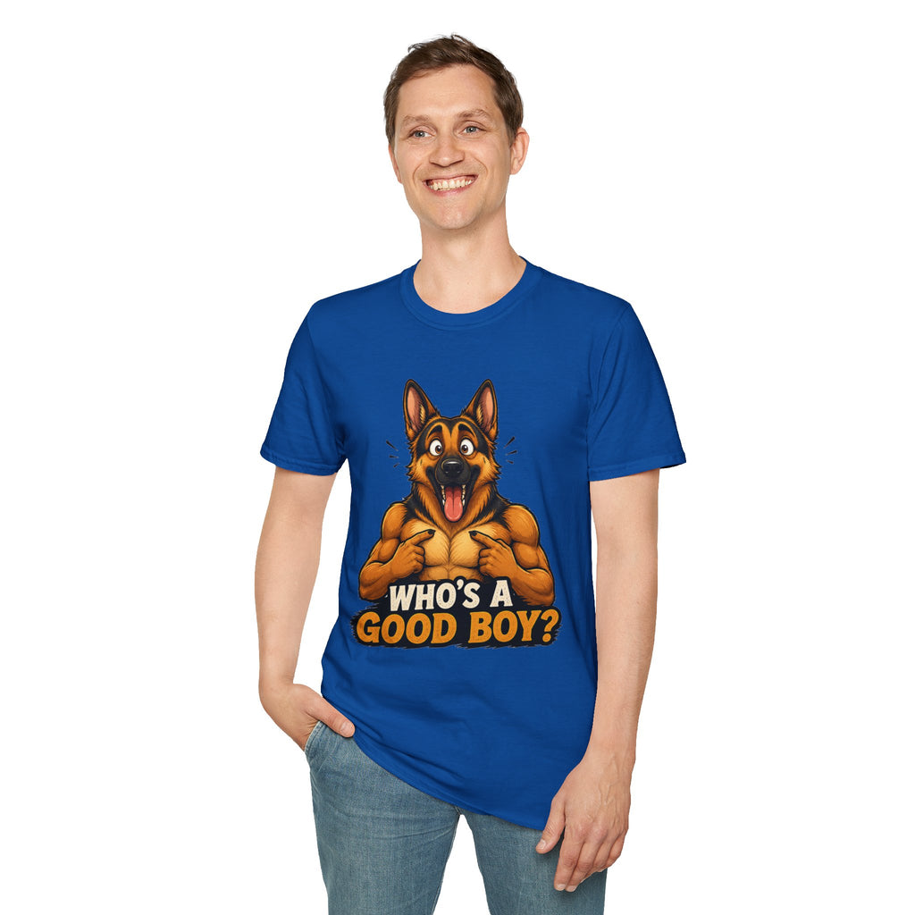 Whos a Good Boy? Furry German Shepherd T-Shirt | Surprised Pointing Dog Design