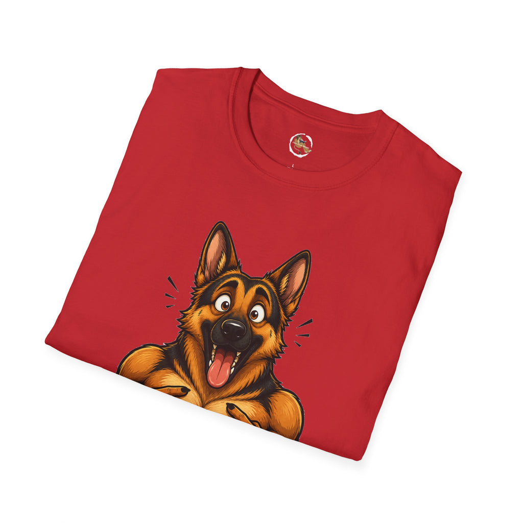Whos a Good Boy? Furry German Shepherd T-Shirt | Surprised Pointing Dog Design