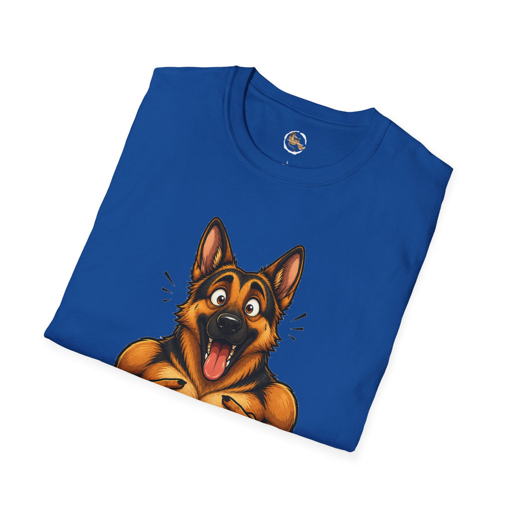 Whos a Good Boy? Furry German Shepherd T-Shirt | Surprised Pointing Dog Design