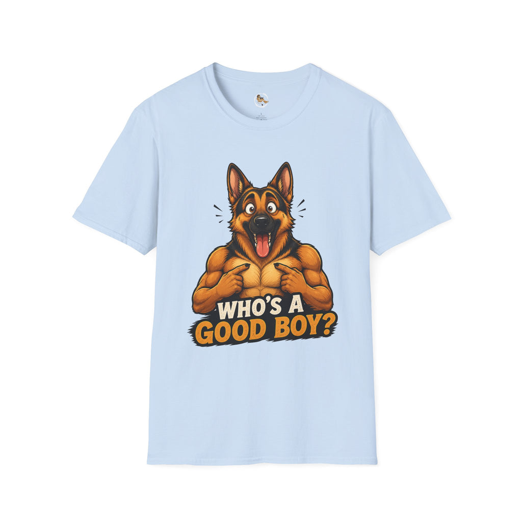 Whos a Good Boy? Furry German Shepherd T-Shirt | Surprised Pointing Dog Design