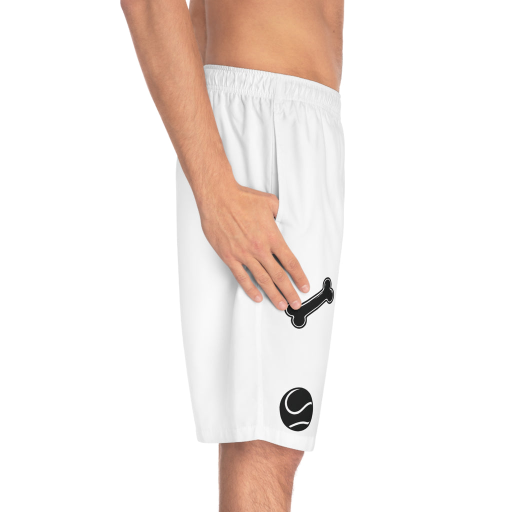 Dog Toy Pattern Mens Board Shorts | tennis ball bone food bowl