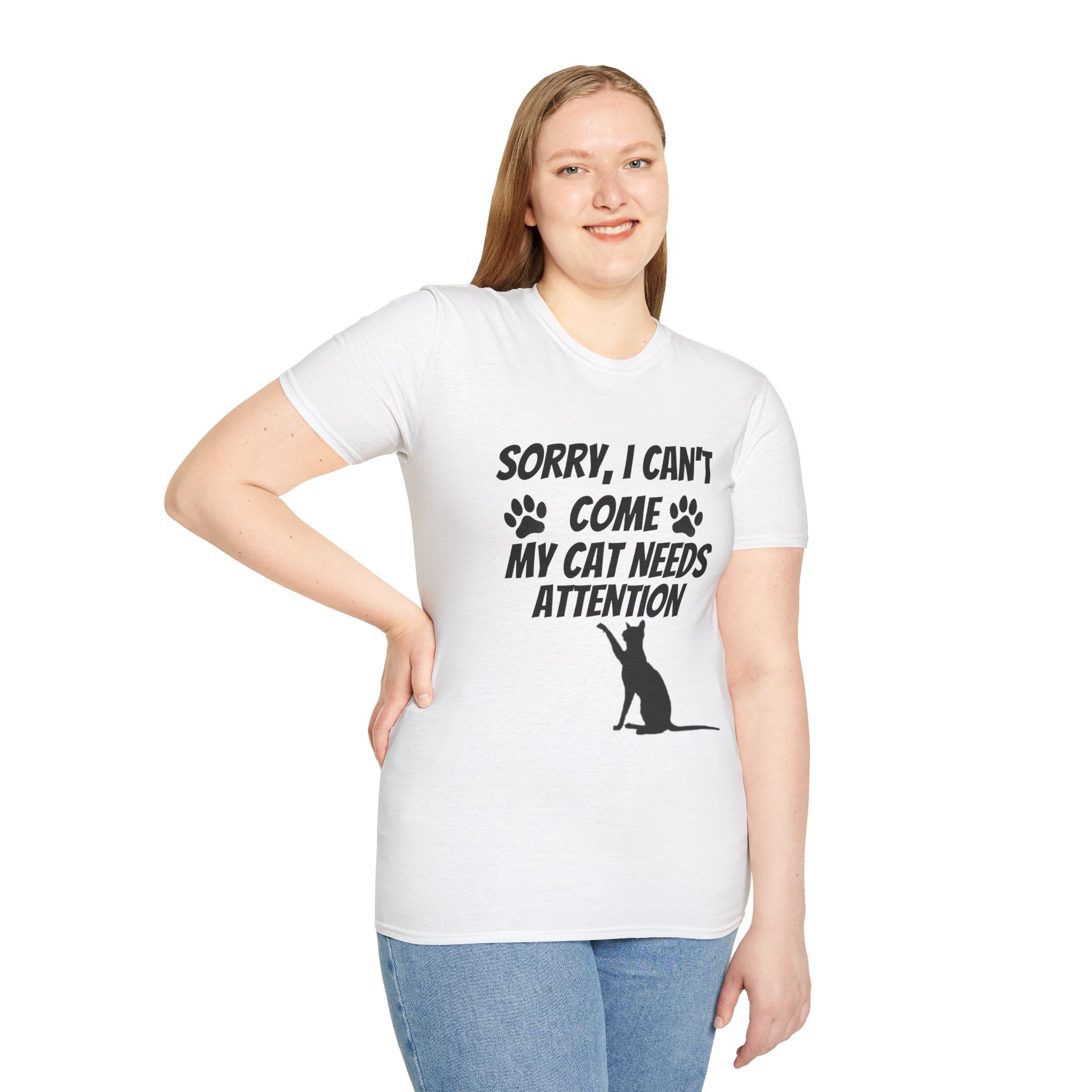 Cat T-Shirt — "Sorry, I Can't Come My Cat Needs Attention" Funny Pet Lover Tee