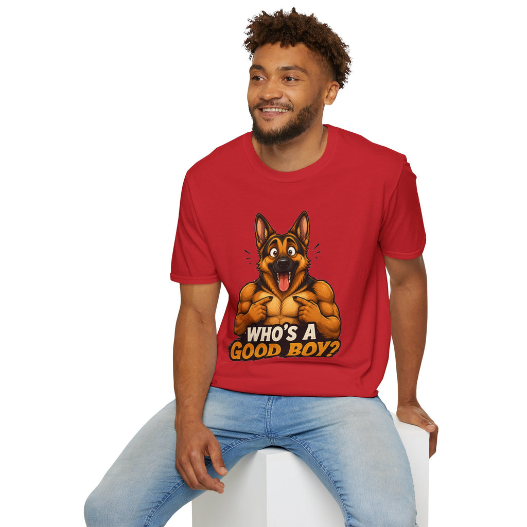Whos a Good Boy? Furry German Shepherd T-Shirt | Surprised Pointing Dog Design
