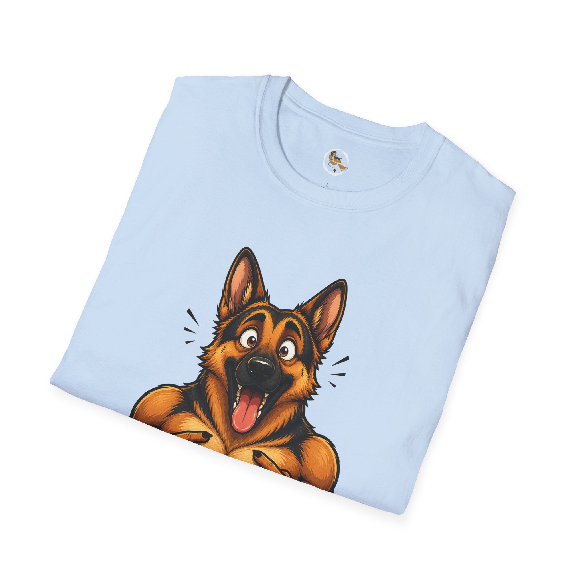 Whos a Good Boy? Furry German Shepherd T-Shirt | Surprised Pointing Dog Design