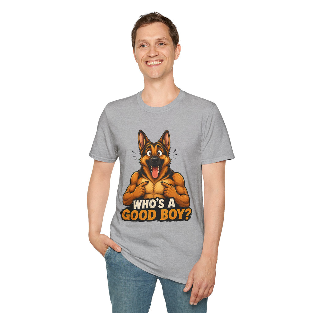 Whos a Good Boy? Furry German Shepherd T-Shirt | Surprised Pointing Dog Design