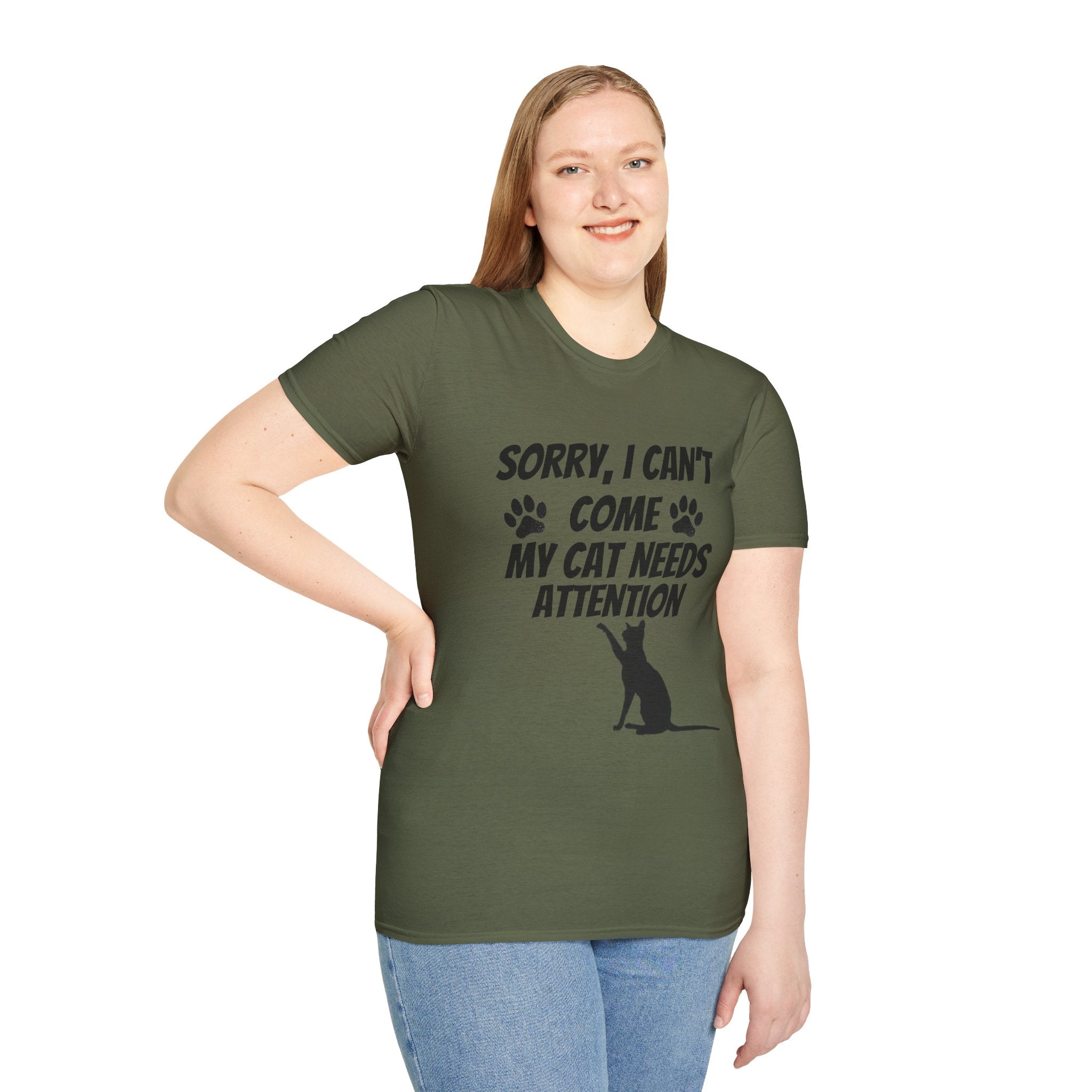 Cat T-Shirt — "Sorry, I Can't Come My Cat Needs Attention" Funny Pet Lover Tee