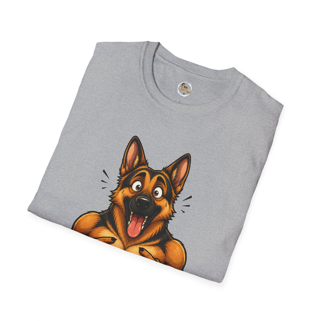Whos a Good Boy? Furry German Shepherd T-Shirt | Surprised Pointing Dog Design