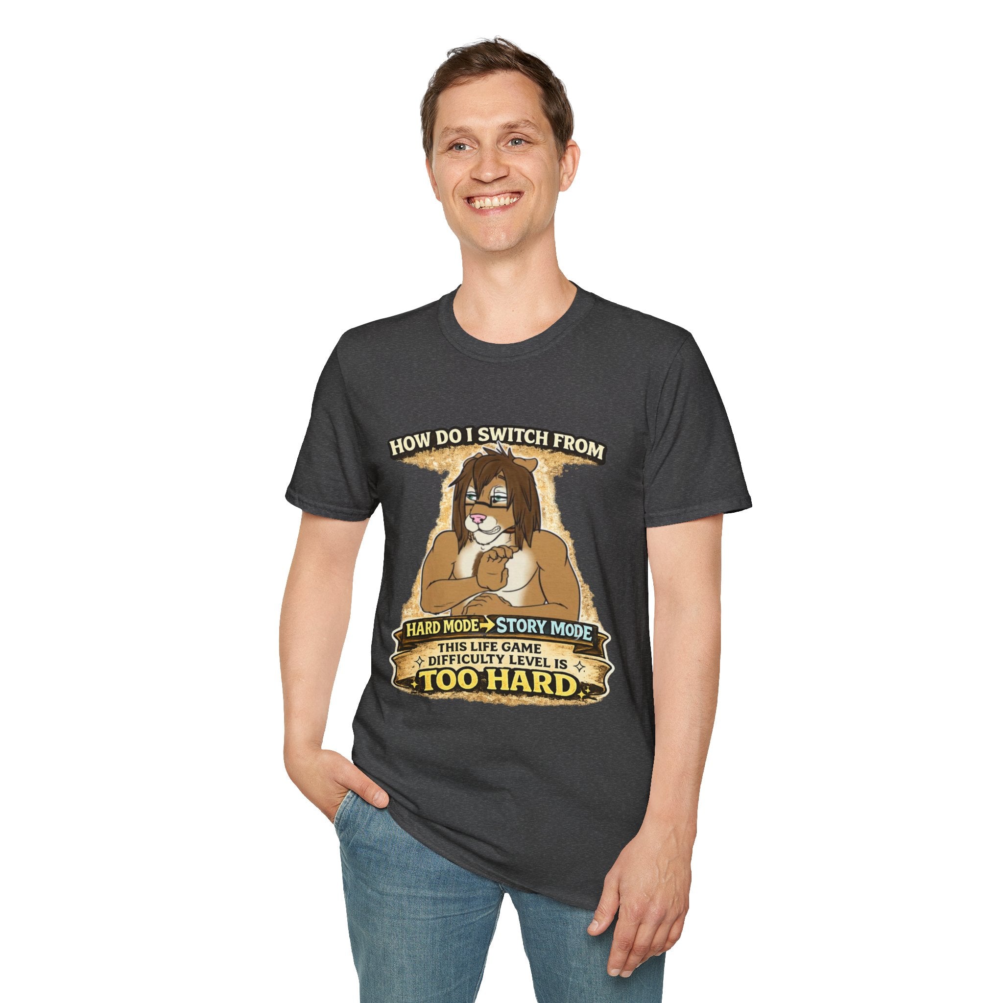 Gamer Lion T-Shirt — "How Do I Switch From Hard Mode" Funny Gaming Tee