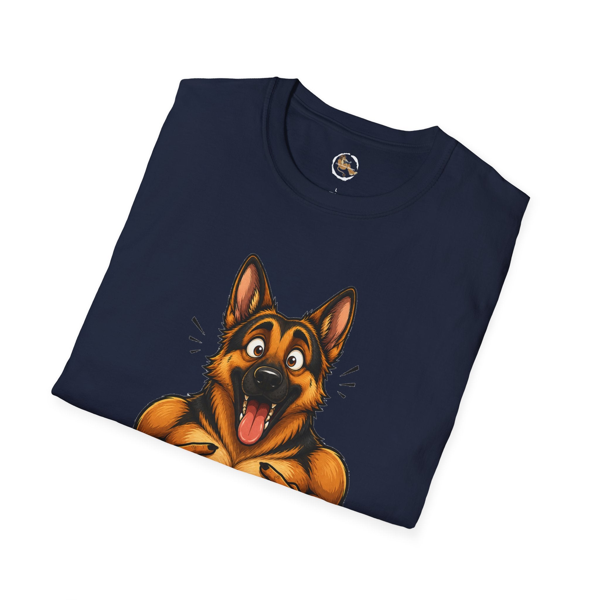 Whos a Good Boy? Furry German Shepherd T-Shirt | Surprised Pointing Dog Design