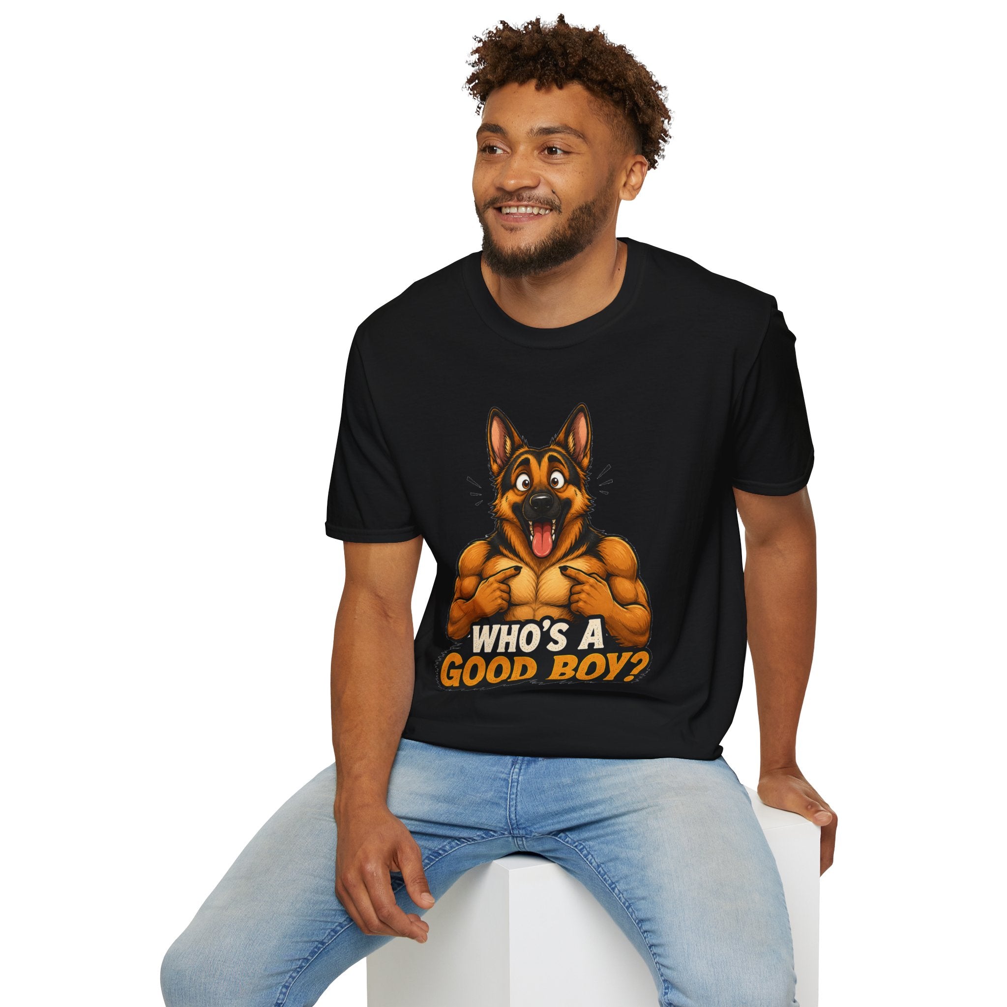 Whos a Good Boy? Furry German Shepherd T-Shirt | Surprised Pointing Dog Design