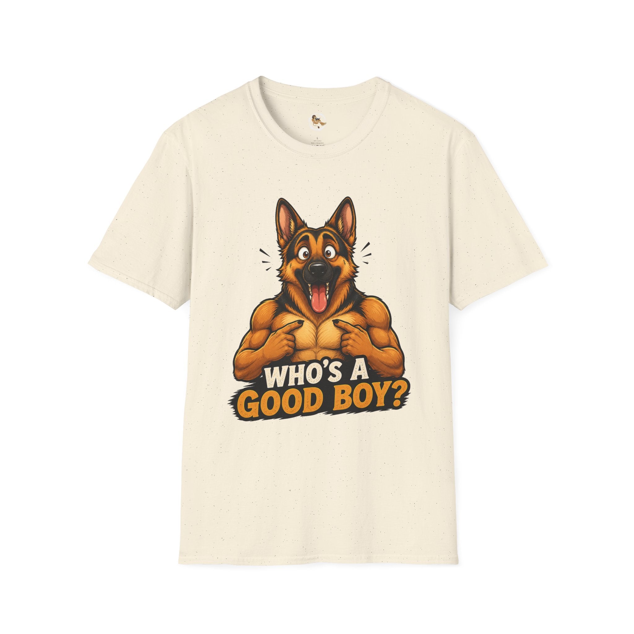 Whos a Good Boy? Furry German Shepherd T-Shirt | Surprised Pointing Dog Design