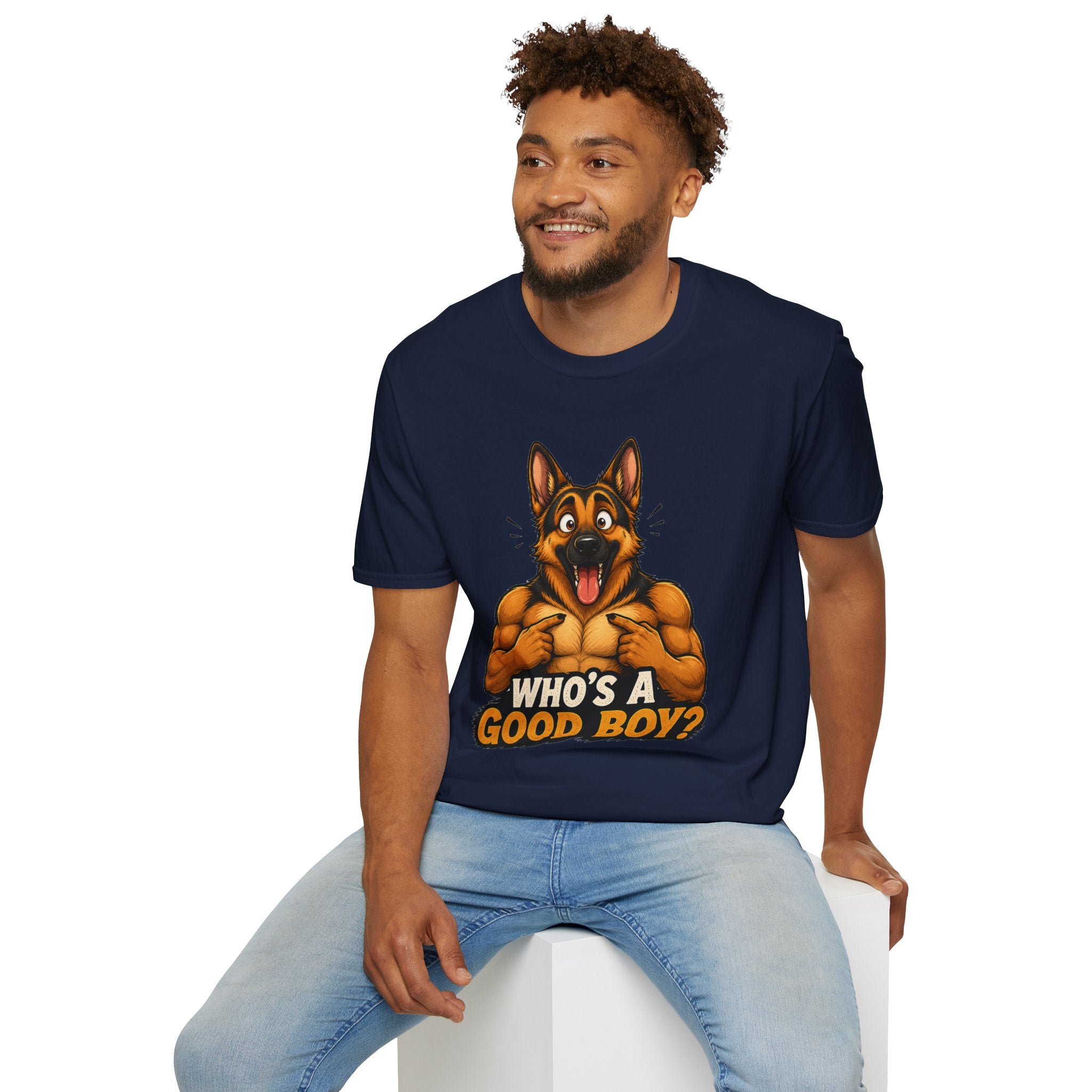 Whos a Good Boy? Furry German Shepherd T-Shirt | Surprised Pointing Dog Design