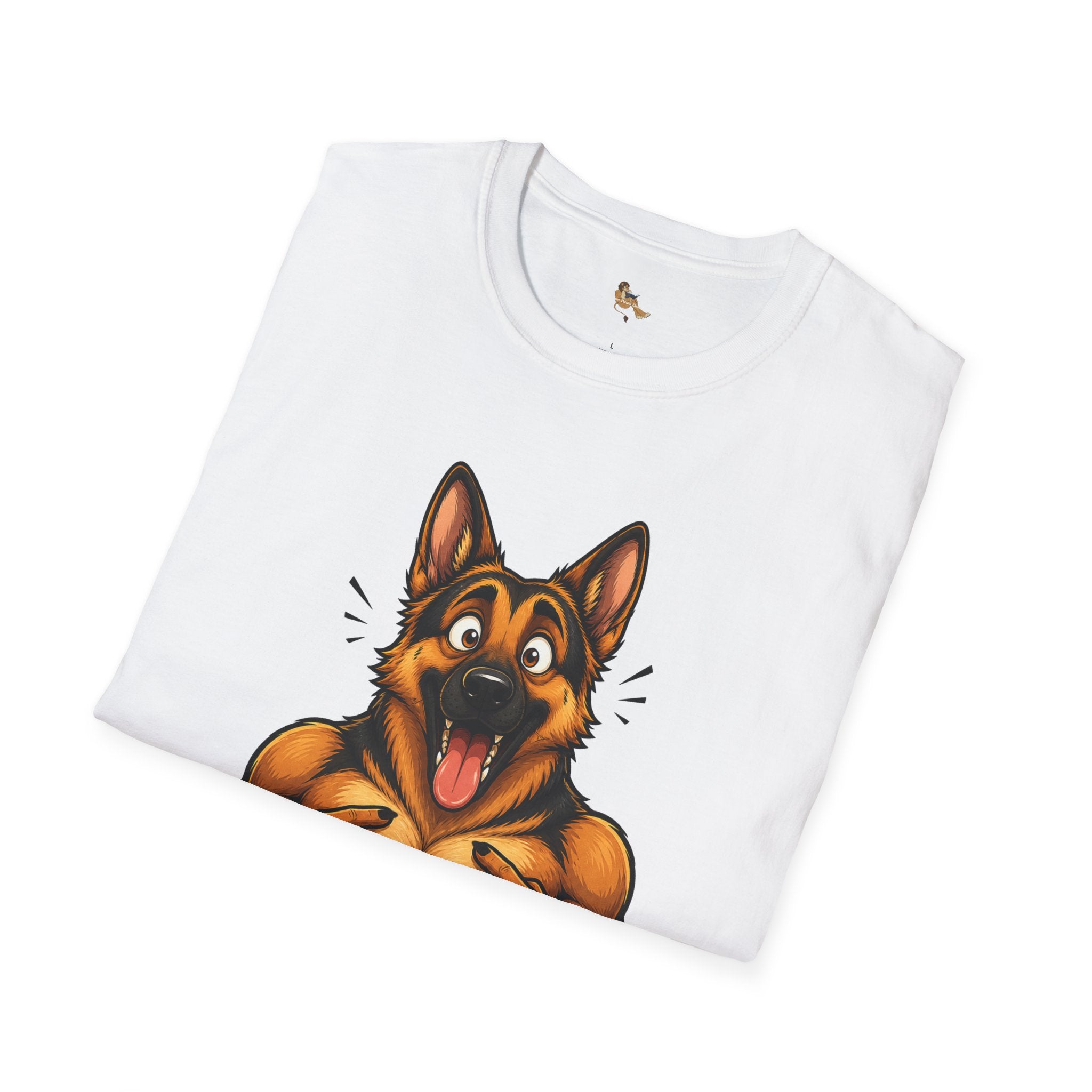 Whos a Good Boy? Furry German Shepherd T-Shirt | Surprised Pointing Dog Design