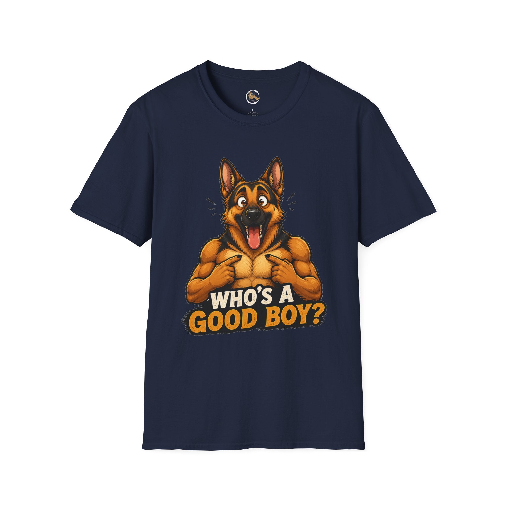 Whos a Good Boy? Furry German Shepherd T-Shirt | Surprised Pointing Dog Design